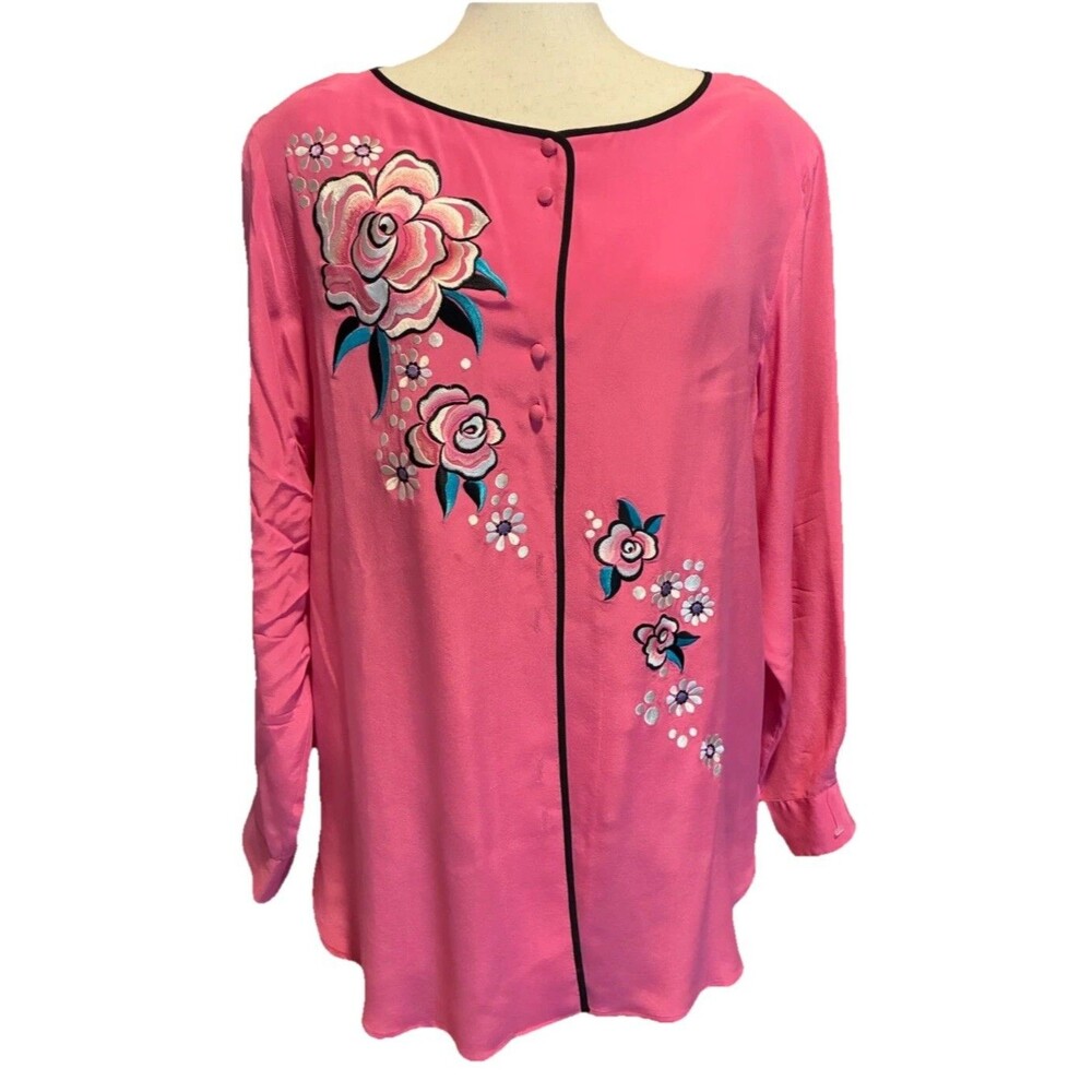 VTG Bob Mackie Wearable Art 100% Silk Floral Embroidered Pink Blouse Size L